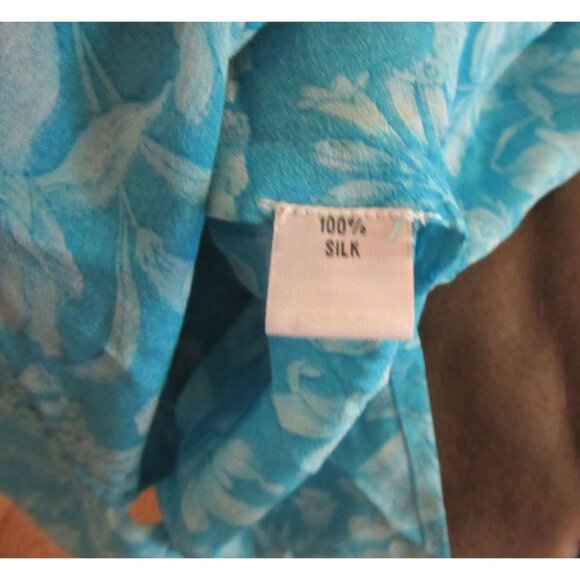 Amaya Blue w White Roses Silk Crepe Tunic Blouse Size Small - Picture 7 of 7